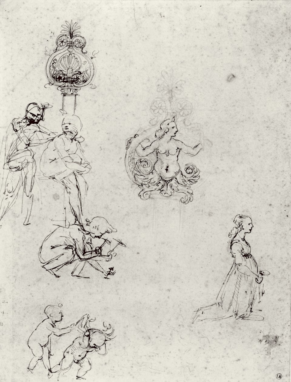 Studier af figurer og dekorationer, ca. 1480-82 (pen & blæk og metalspids) af Leonardo da Vinci