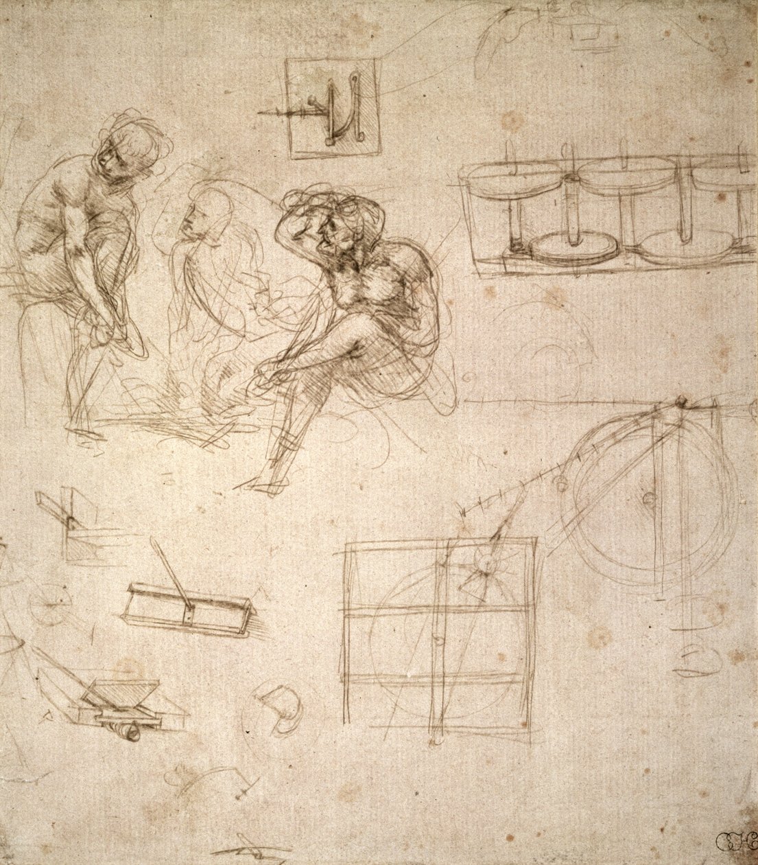 Studier af figurer og maskiner (sølvspids på papir) af Leonardo da Vinci