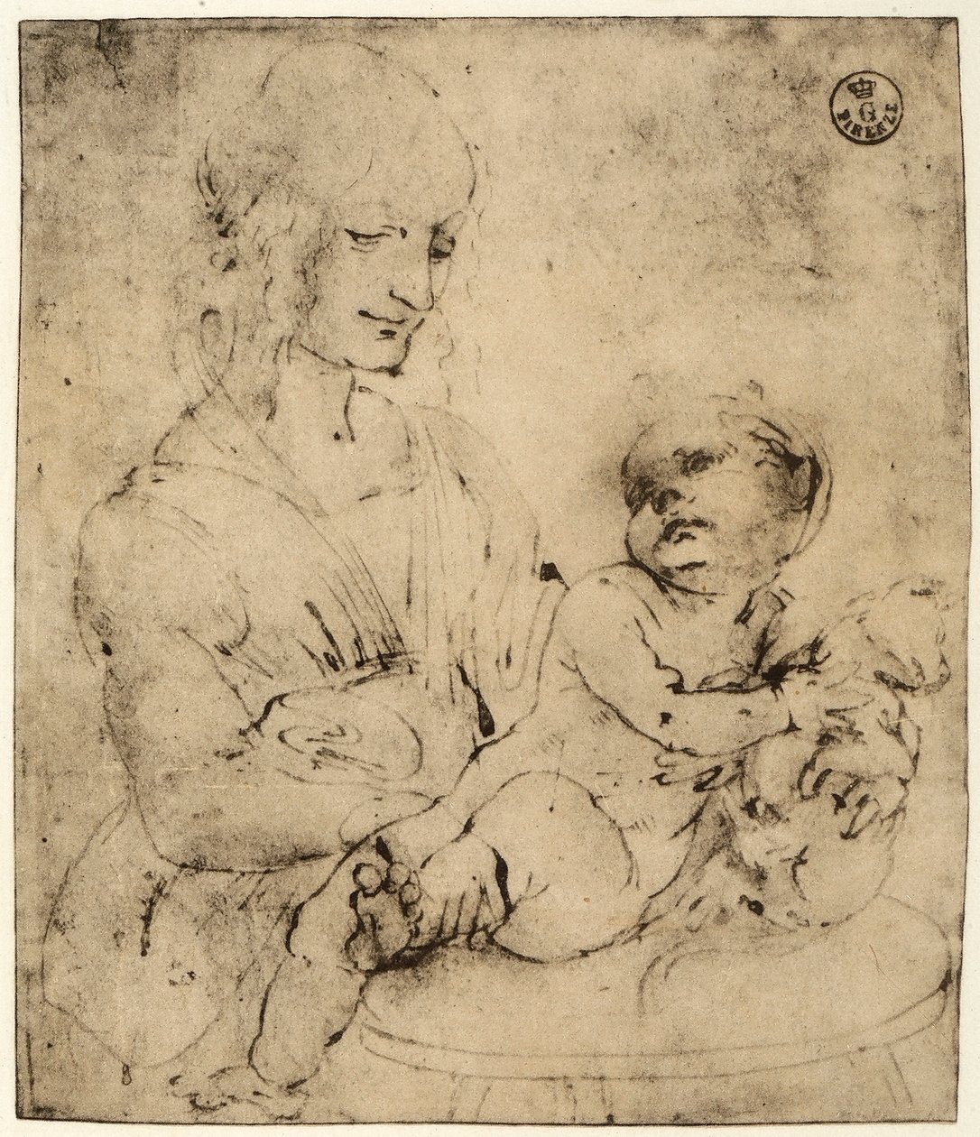 Studie af en Madonna og et barn (sort blæk på papir) af Leonardo da Vinci