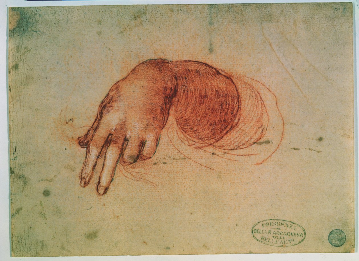 Studie af en hånd (rødkridt på papir) af Leonardo da Vinci