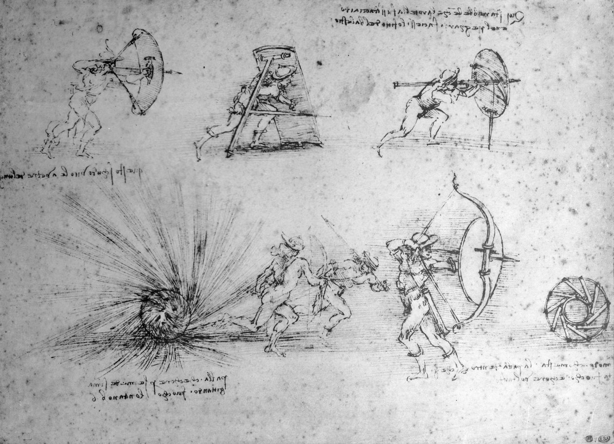 Studie med skjolde til fodsoldater og en eksploderende bombe, ca.1485-88 (pen og blæk på papir) af Leonardo da Vinci