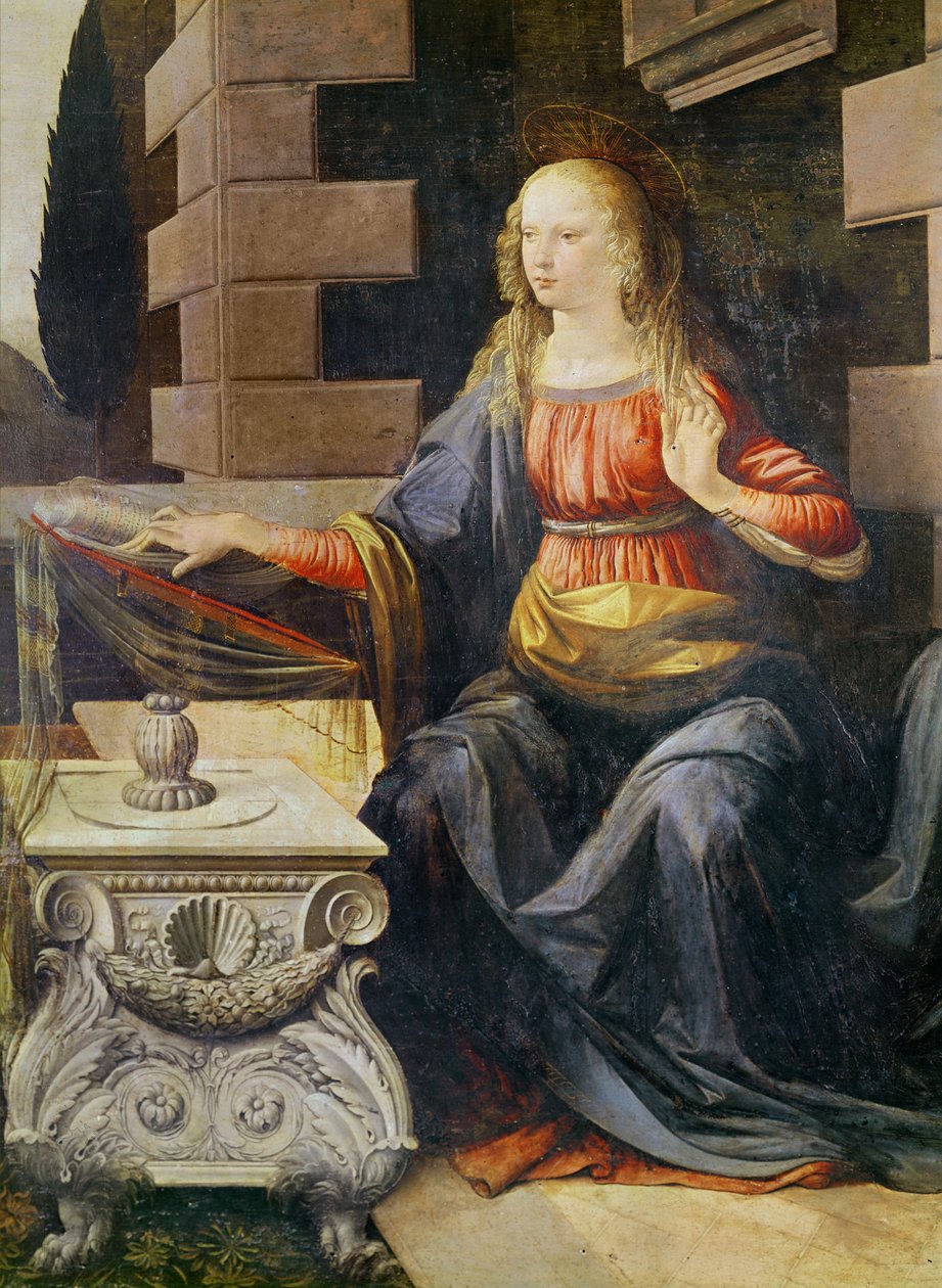 Jomfruens bebudelse, detalje af Jomfruen, ca.1472-1475 olie på træ af Leonardo da Vinci