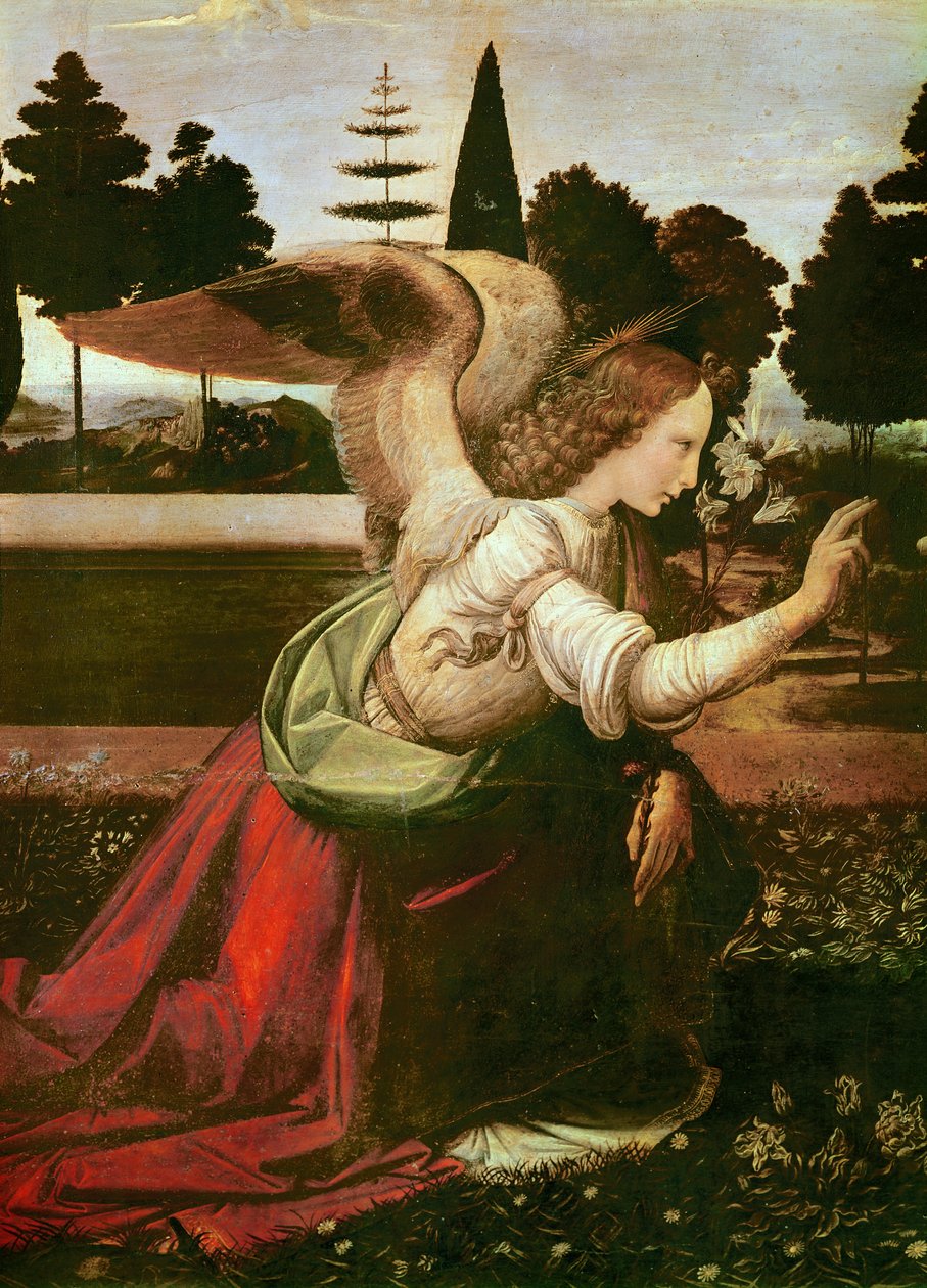Bebudelsen, detalje af englen, ca.1472-75 olie på træ af Leonardo da Vinci