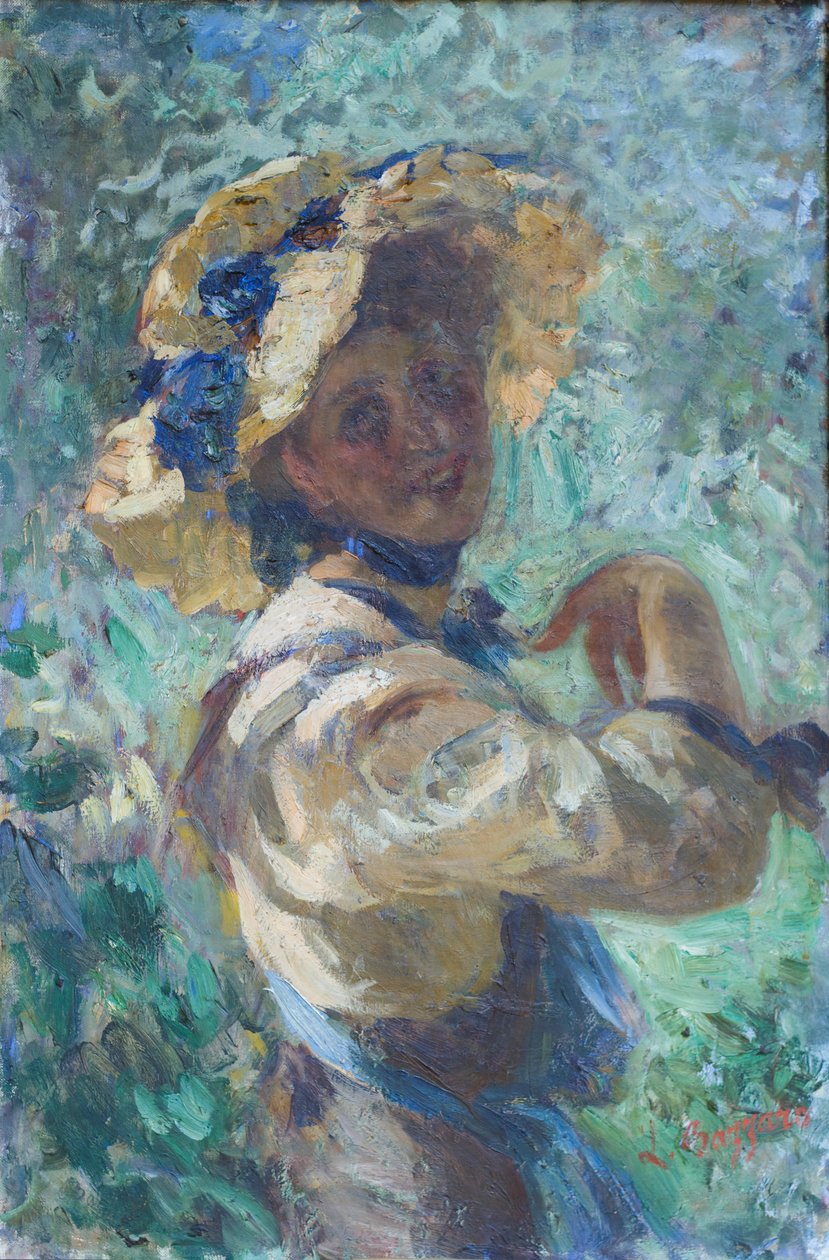 Dame i haven (olie på lærred) af Leonardo Bazzaro