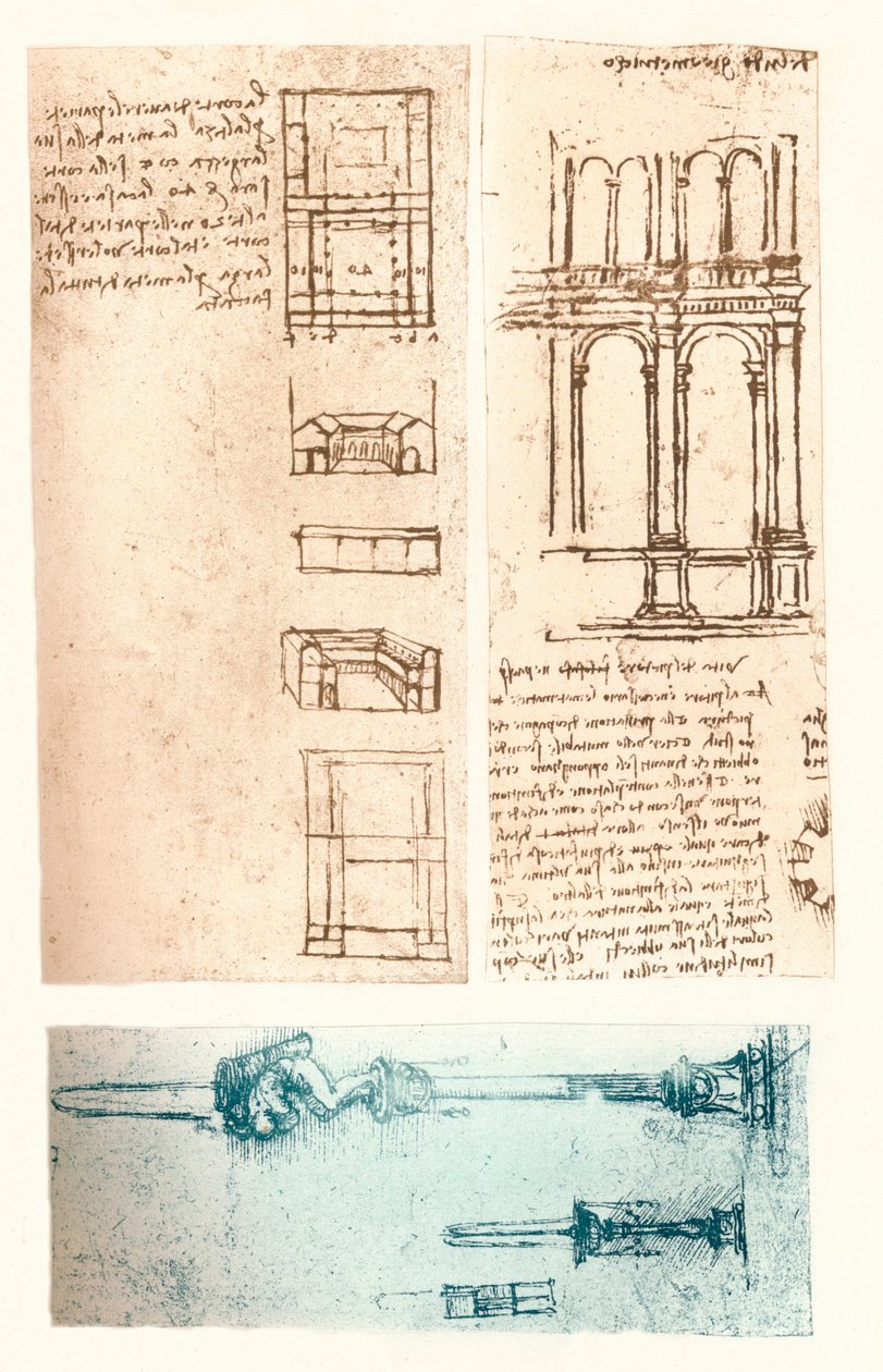 Tre arkitektoniske tegninger, c1472-c1519 1883 af Leonardo da Vinci