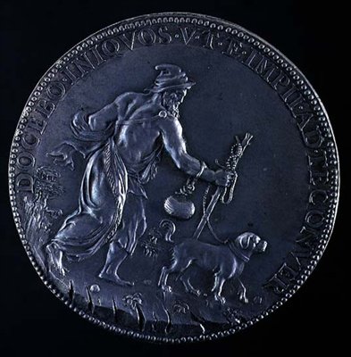 Bagsiden af medaljonen forestiller Michelangelo Buonarroti (1475-1564), 1561 (sølv) (se 98877 for forside) af Leone Leoni