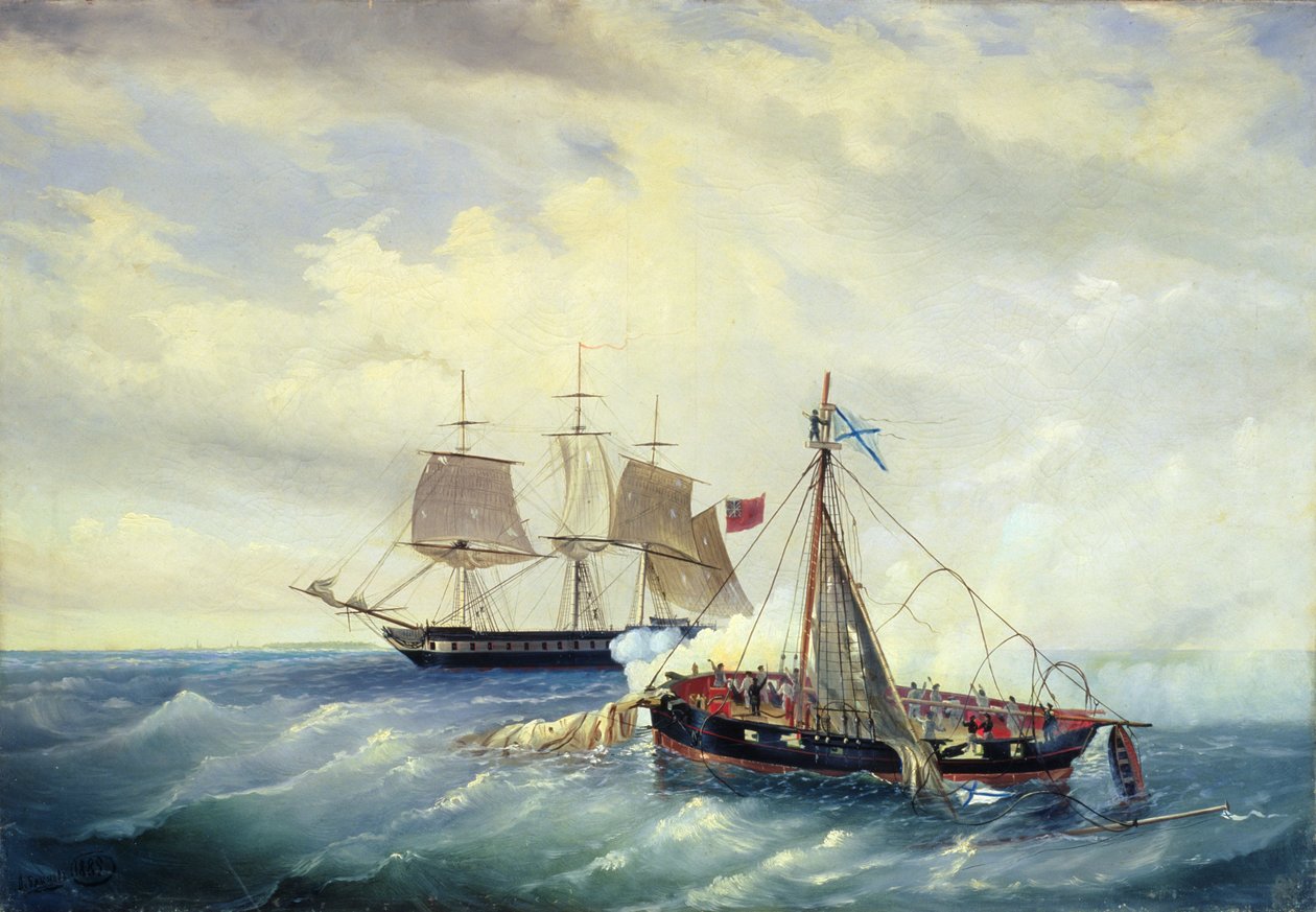 Kamp mellem det russiske skib Opyt og en britisk fregat ud for kysten af Nargen Island, 11. juni 1808, 1889 af Leonid Demyanovich Blinov