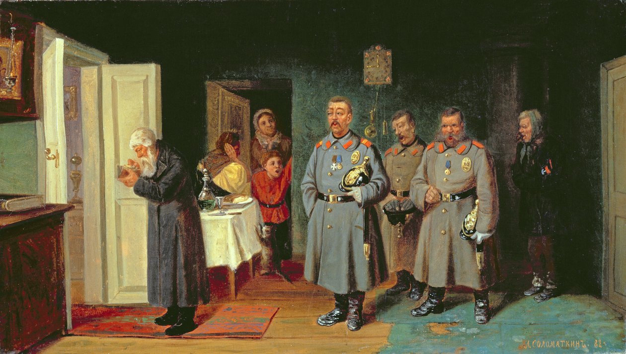 Politimænd synger julesange, 1867 af Leonid Ivanovich Solomatkin