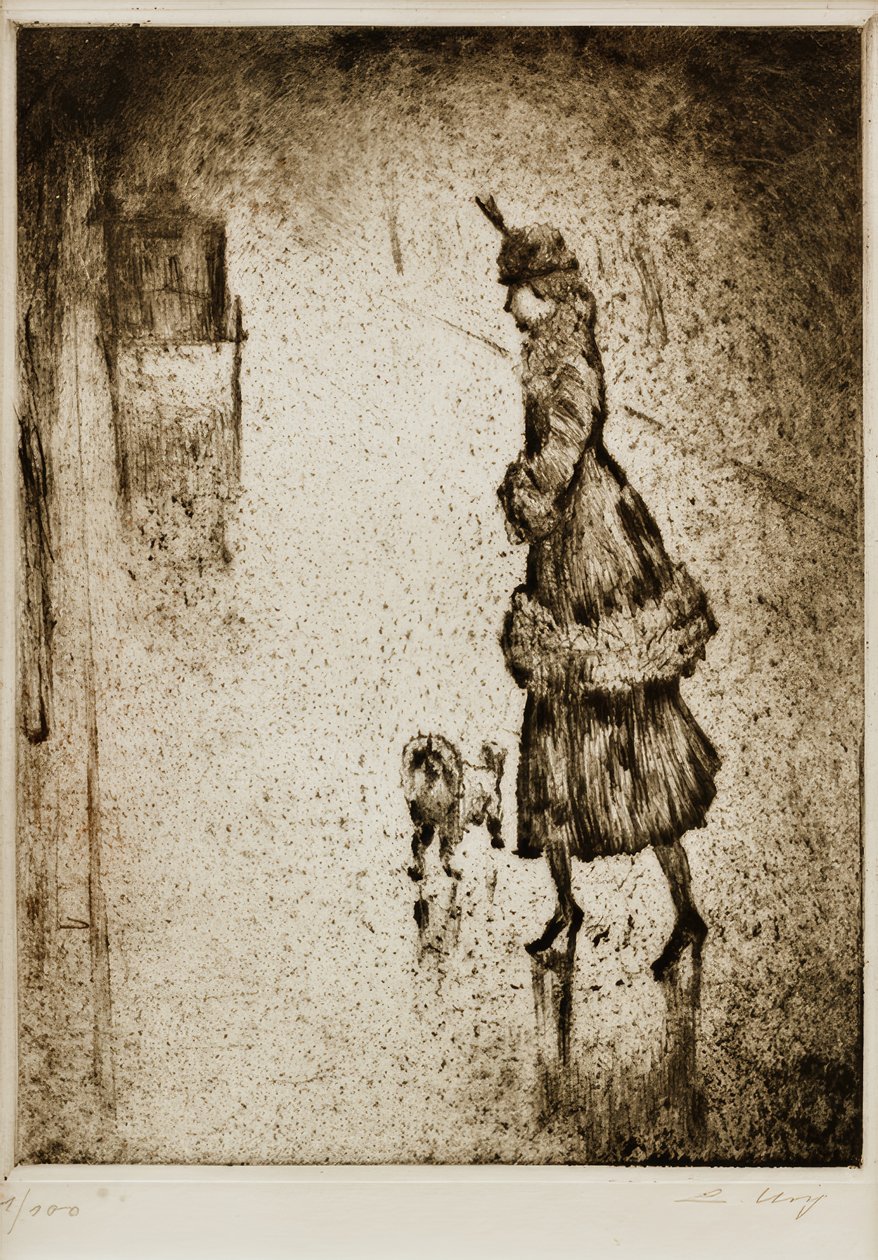 Dame med en puddel på en våd gade (førerhus til venstre) af Lesser Ury