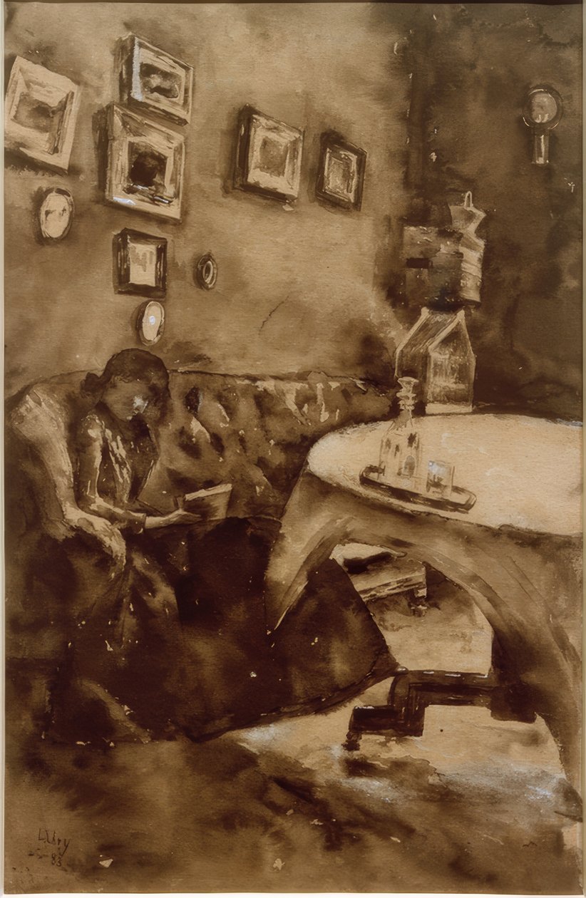 Interiør med en dame, der læser af Lesser Ury
