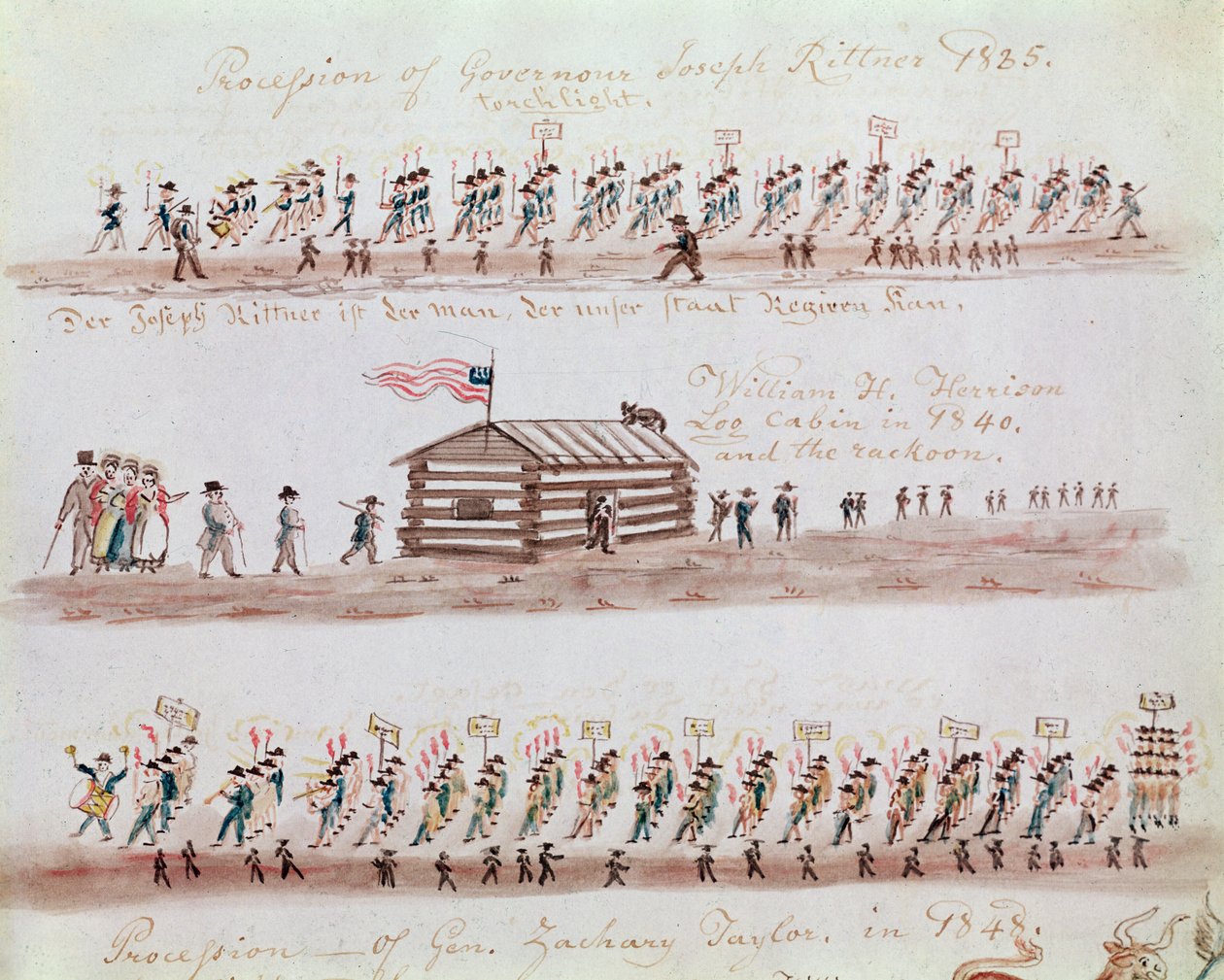 Tre skitser, der skildrer begivenheder i amerikansk historie af Lewis Miller
