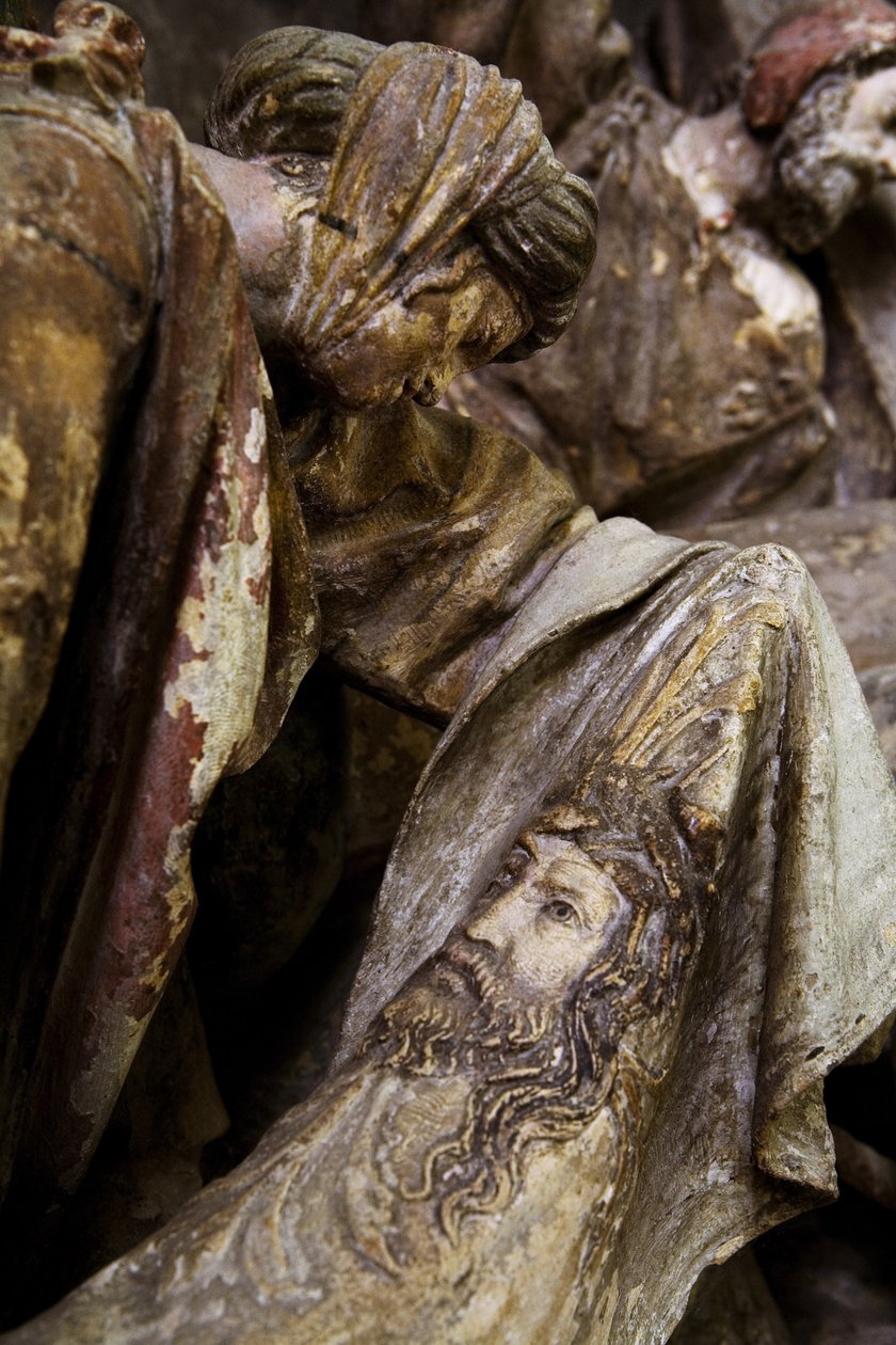 Alterstager, venstre panel, detalje, den hellige Veronica (malet sten) af Ligier Richier