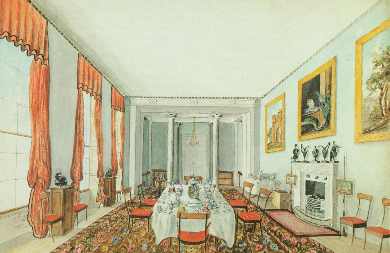 The Dining Room at Aynhoe, 23. januar 1835 (akvarel på papir) af Lili Cartwright
