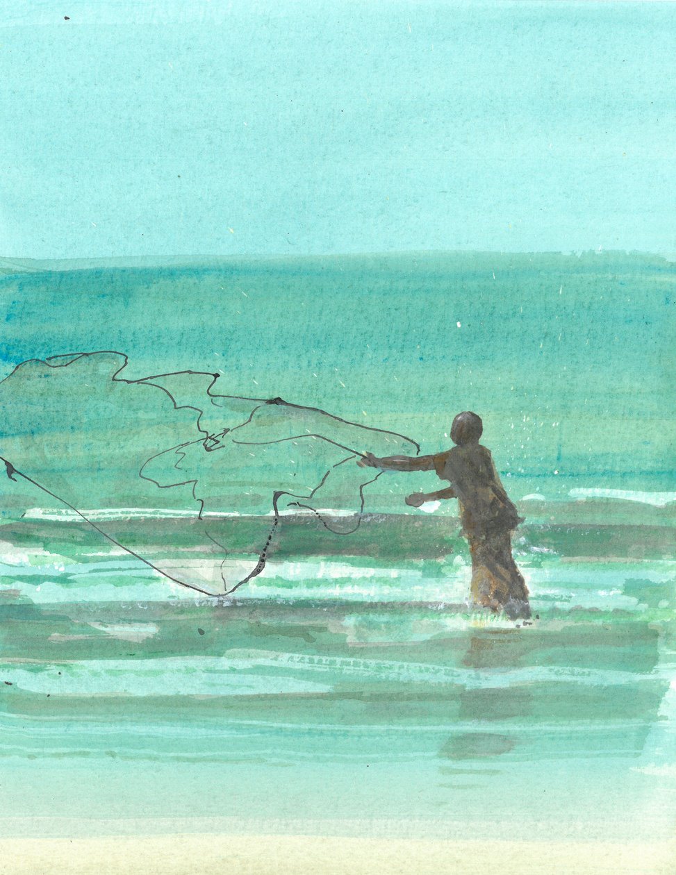 Lone Fisherman 1, 2015 (pen og blæk med wc på papir) af Lincoln Seligman