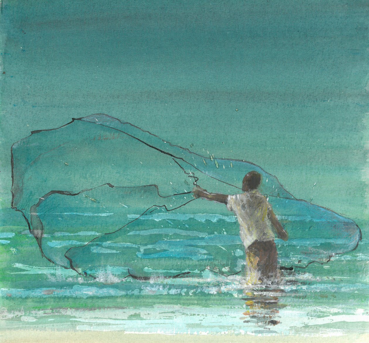 Lone Fisherman 3, 2015 (pen og blæk med wc på papir) af Lincoln Seligman