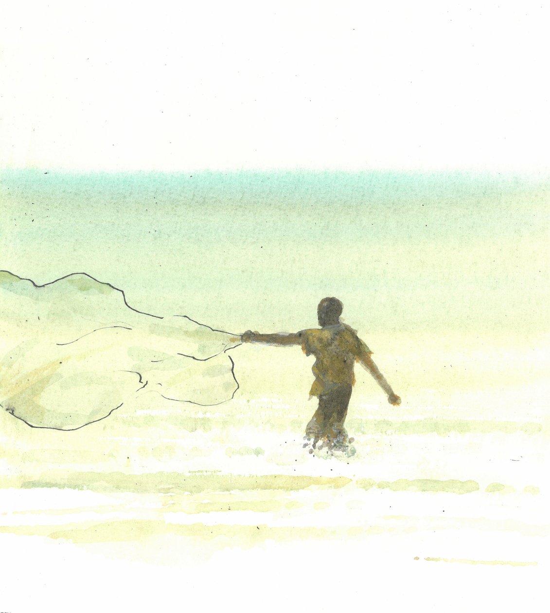 Lone Fisherman 6, 2015 (pen og blæk med wc på papir) af Lincoln Seligman