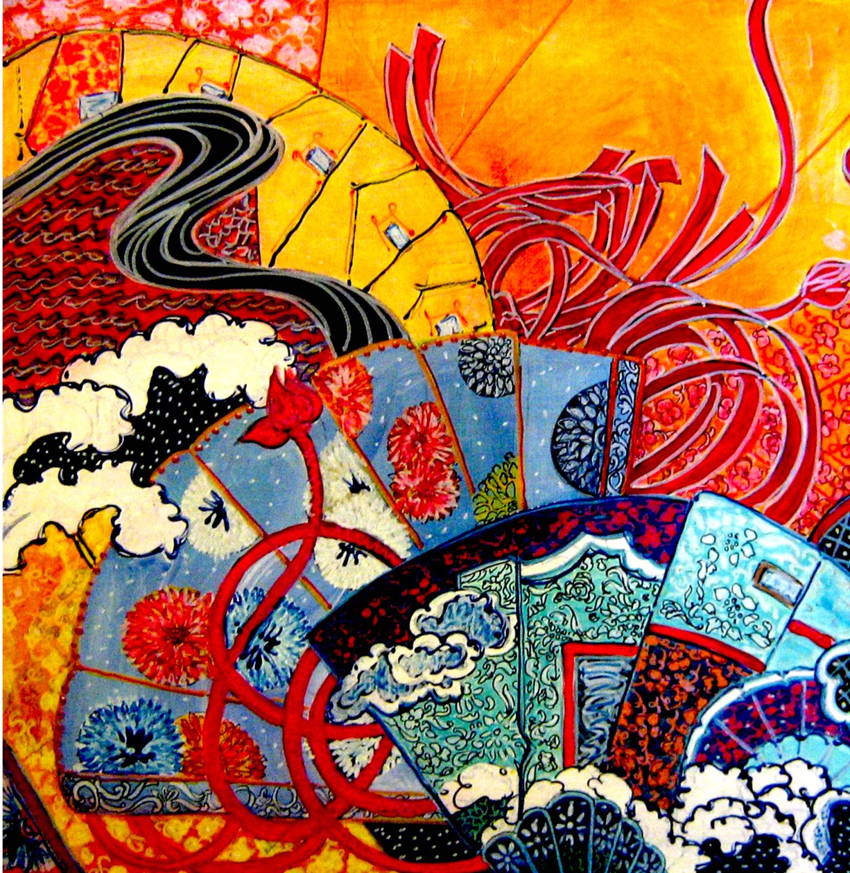Oriental Fans, 2013 (blandet, akryl, blæk, olie) af linda arthurs