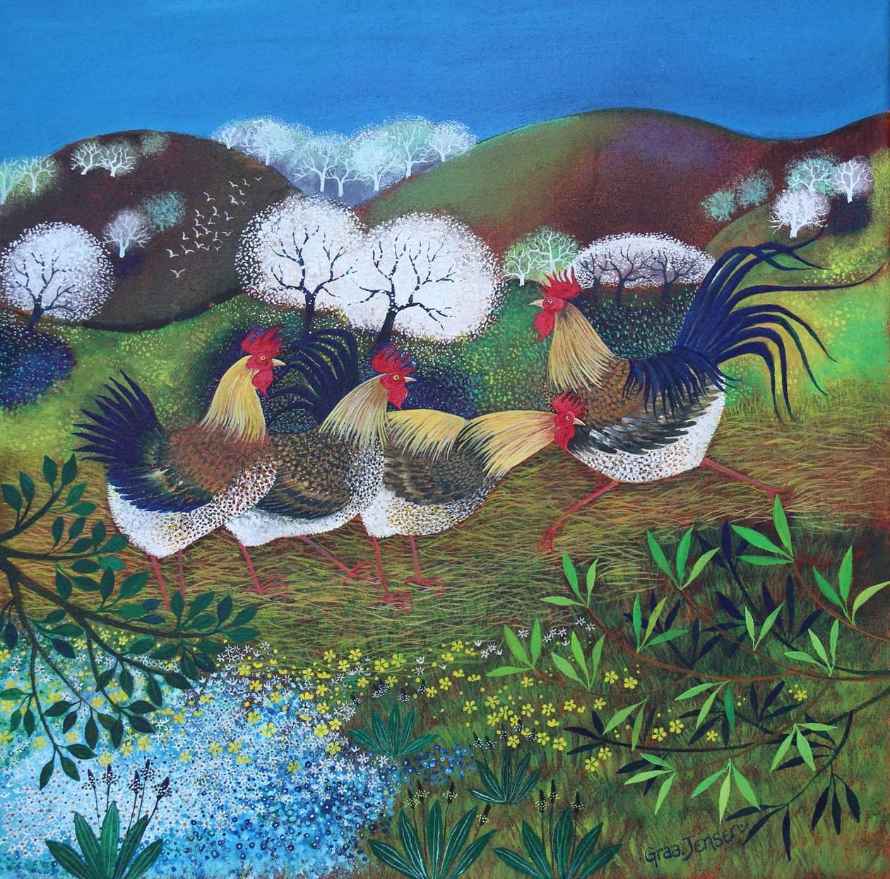 Rollicking Roosters, 2024 (akryl på linned) af Lisa Graa Jensen
