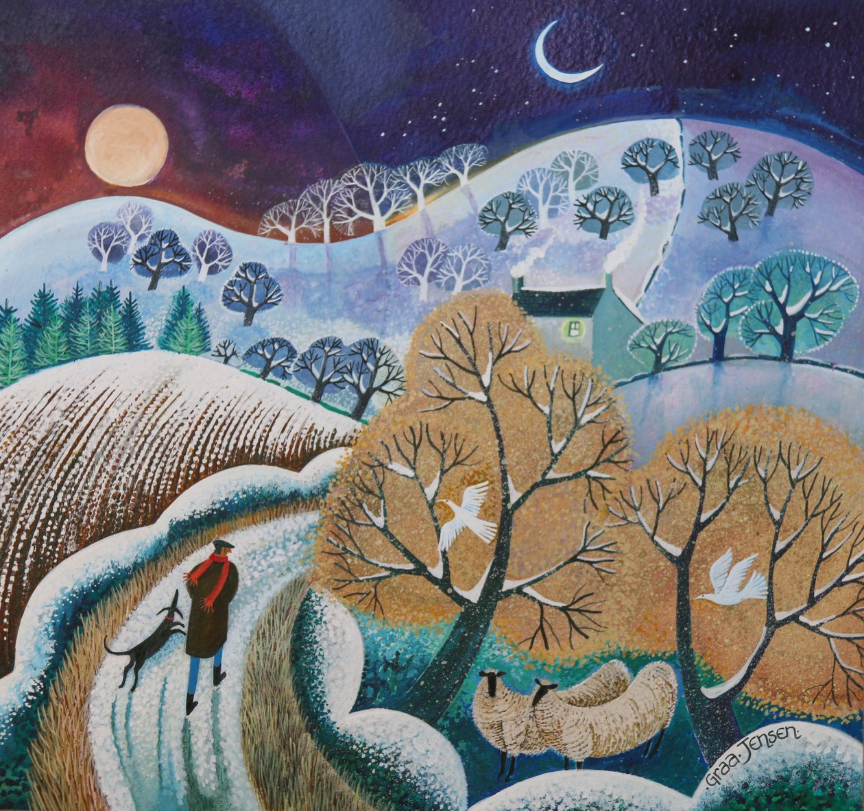 Snowy Winter Walk, 2017, (akrylblæk på papir) af Lisa Graa Jensen