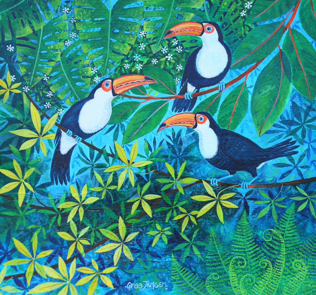 Toucan Threesome, 2024 (akryl på linned) af Lisa Graa Jensen