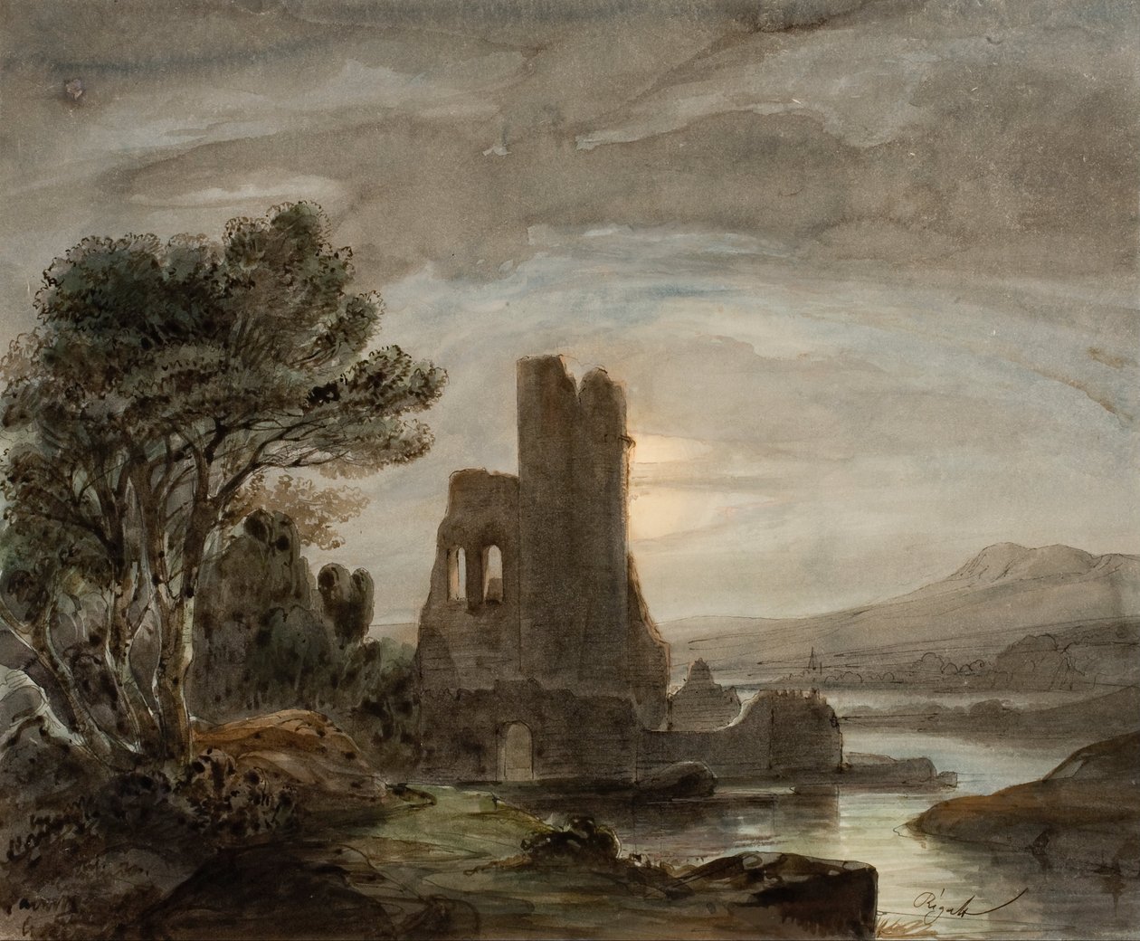 Natlandskab med ødelagt kloster af Lluís Rigalt