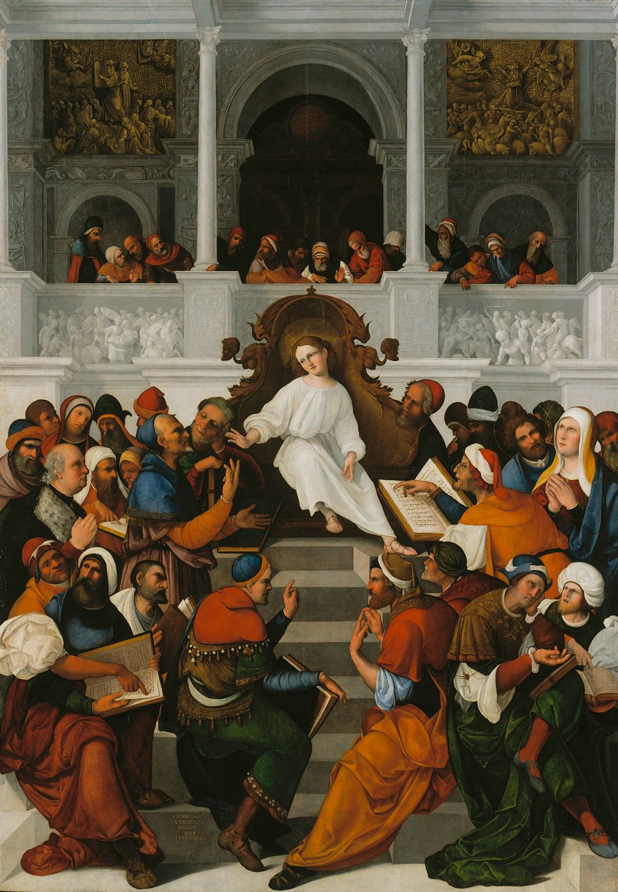 Den tolvårige Jesus underviser i templet af Lodovico Mazzolino