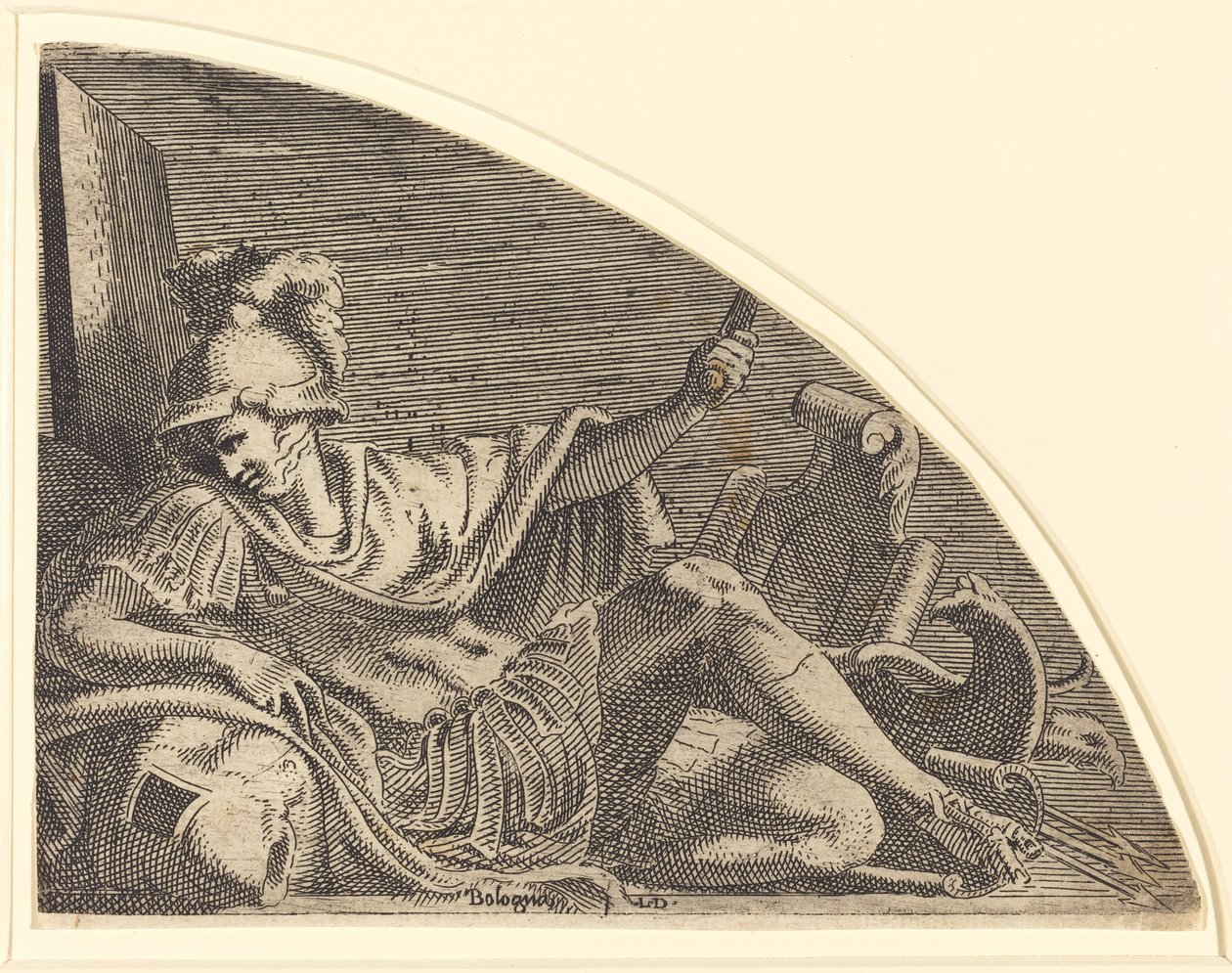 Mars sidder på trofæer af Léon Davent after Francesco Primaticcio