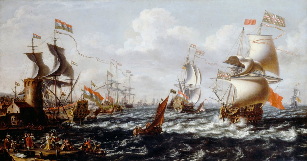 Skibe i groft vand ud for en havn i Middelhavet af Lorenzo a Castro