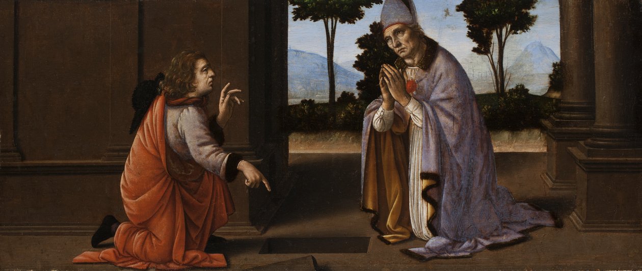 A Miracle of Saint Donato of Arezzo, ca. 1479-85 (tempera på panel) af Lorenzo di Credi