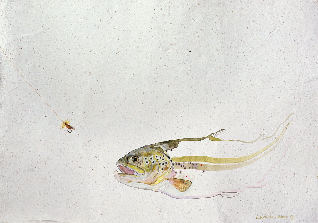 Ørred jager en fiskerflue, 1991, (akvarel på håndlavet papir) af Lou Gibbs