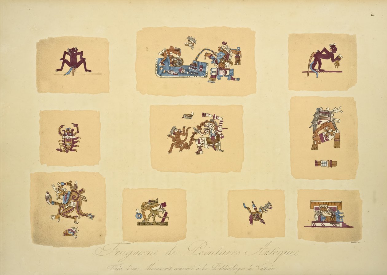 Fragmenter af aztekiske malerier, fra manuskriptet bevaret i Vatikanets bibliotek, illustration fra Views of the Cordilleras and Monuments of the Indigenous Peoples of America af Alexander von Humboldt og af Louis Bouquet