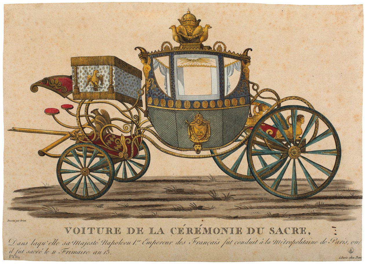 Vogn til kroningen af kejser Napoleon I, som fandt sted den 11. Frimaire, år XIII farvet gravering af Louis Brion de la Tour fils