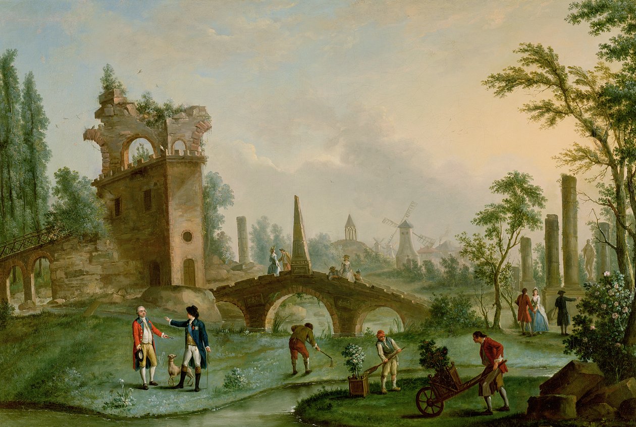 Carmontelle (1717-1806) giver nøglerne til Parc Monceau i Paris til hertugen af Chartres (1747-93) af Louis Carrogis dit Carmontelle