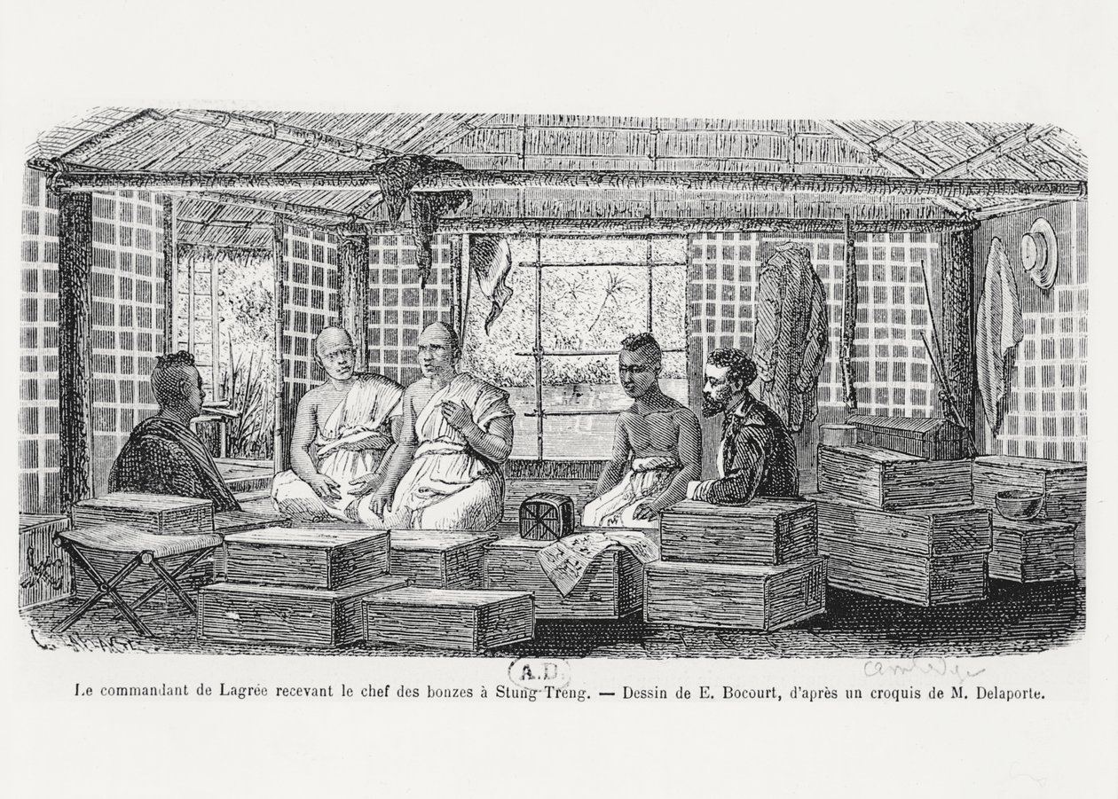 Kommandør Lagree modtager munkehøvdingen i Stung Treng, Cambodja, 1868 af Louis Delaporte