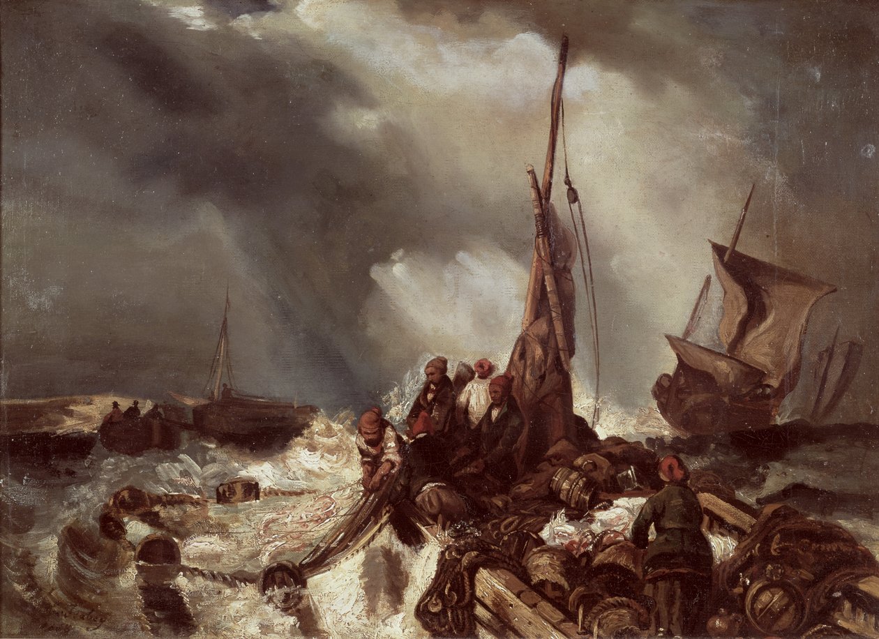 En fisker trækker i et net, 1868 af Eugene Isabey