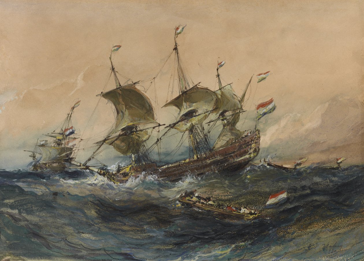 Hollandske skibe i storm, 1839 (wc og gouache på papir) af Eugene Isabey