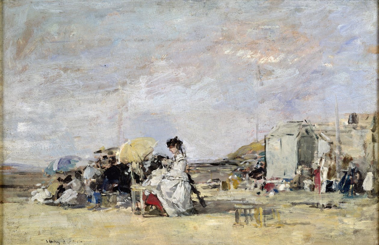 Kvinde i hvidt på stranden i Trouville, 1869 (olie på kort) af Eugene Louis Boudin