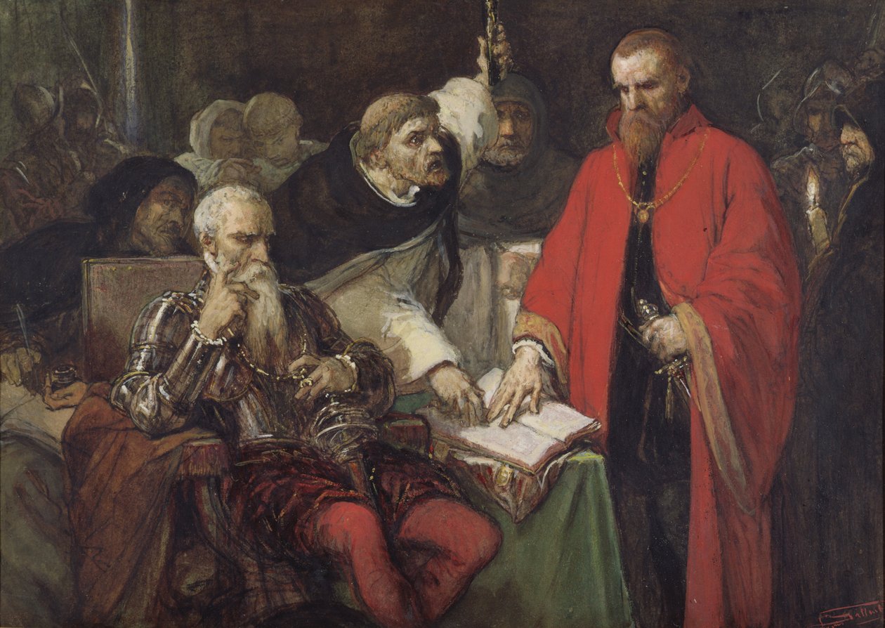 The Oath of Vargas (wc og gouache på papir) af Louis Gallait