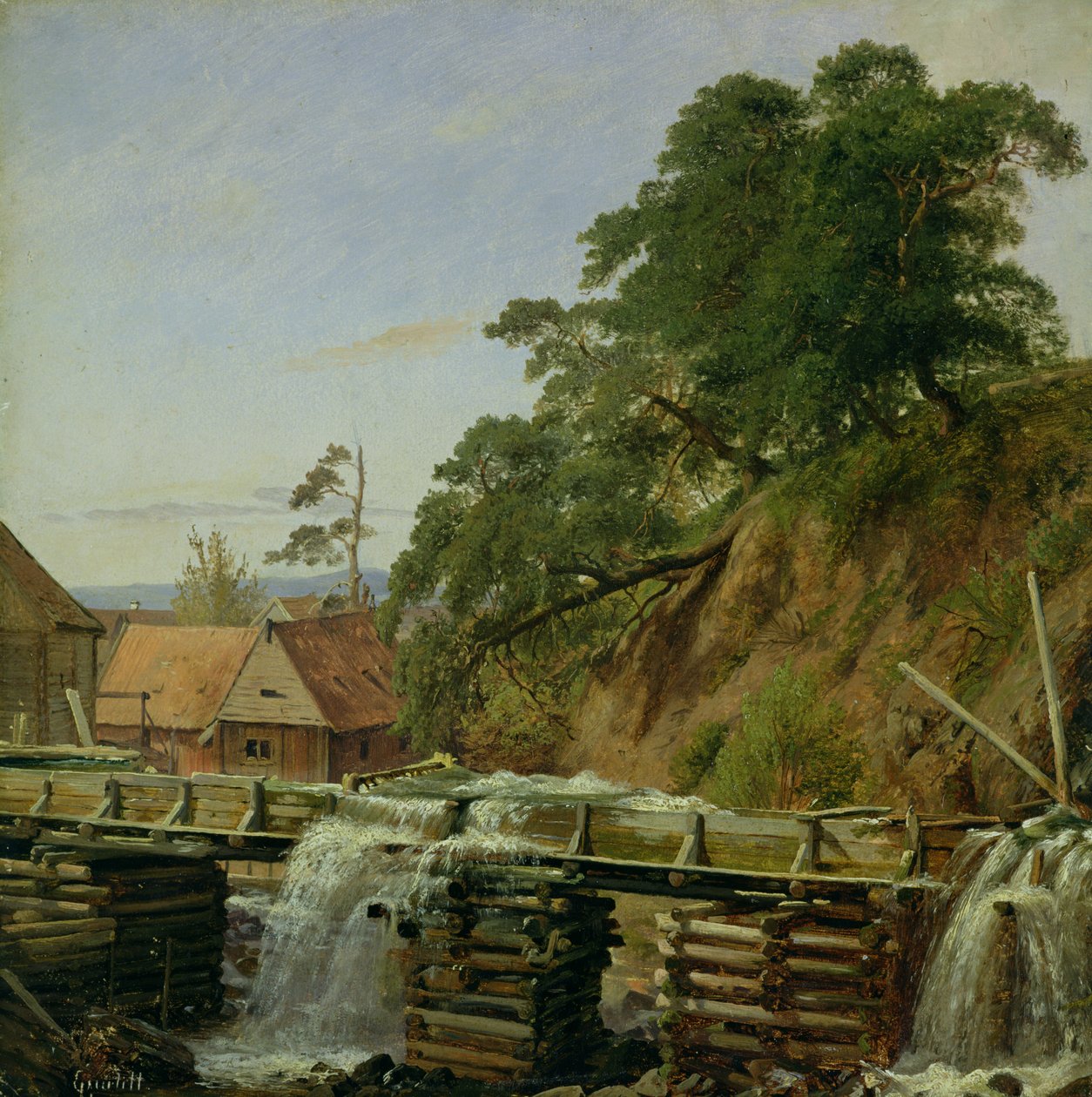 En vandmølle i Christiania, ca. 1834 (olie på papir på pap) af Louis Gurlitt