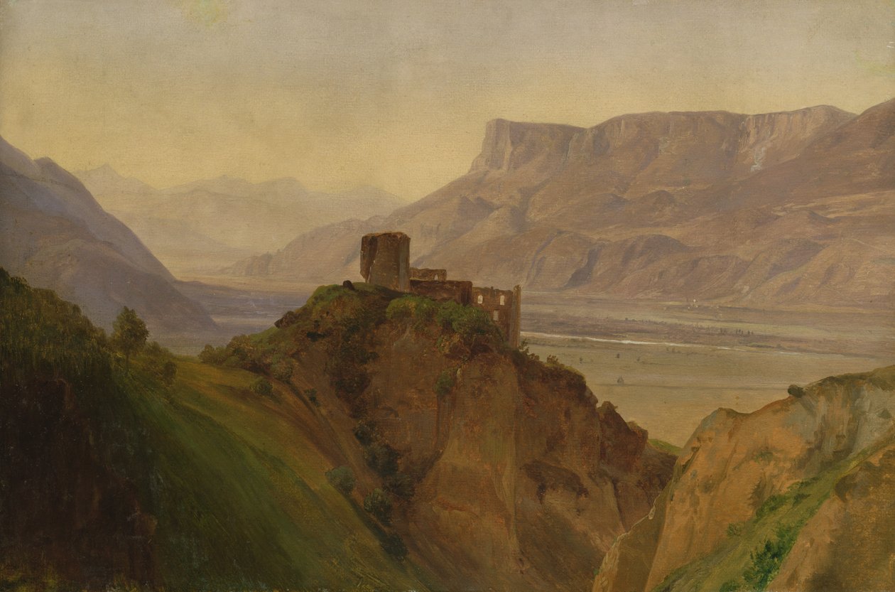 Die Ruine Brunnenburg mit dem Etschtal, 1838 (olie på papir på træ) af Louis Gurlitt