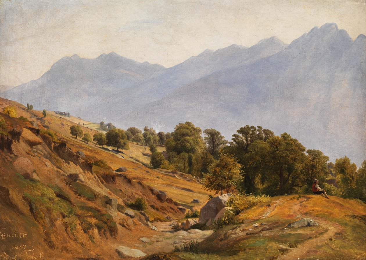 Bjerglandskab i området Dorf Tirol af Louis Gurlitt