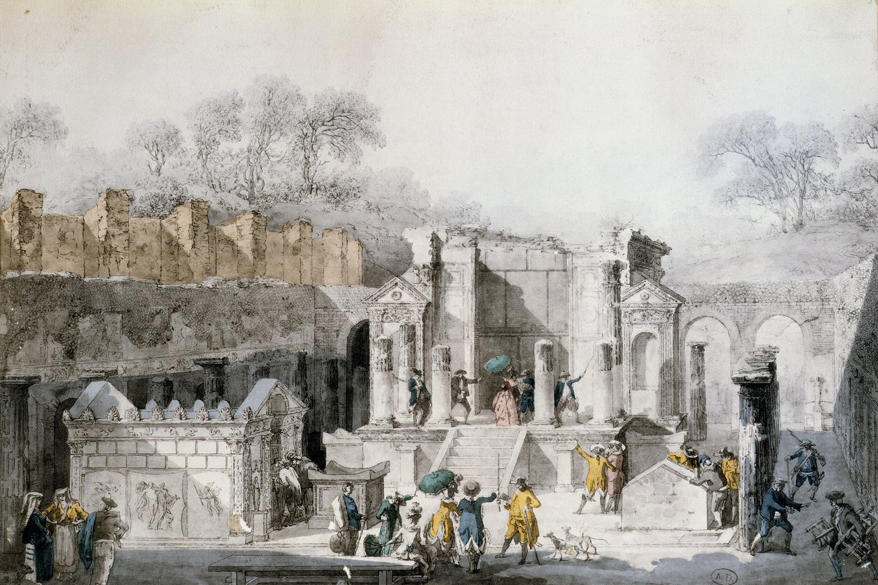 Turister ved Isis-templet i Pompejis ruiner, 1779 (farvegravering) af Louis Jean Desprez