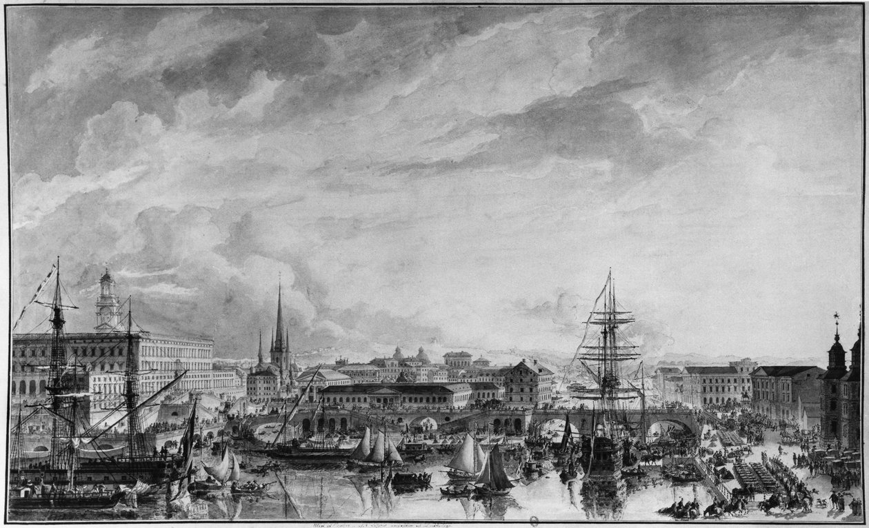 Udsigt over Stockholm, slutningen af det 18. århundrede (pen og vask på papir) af Louis Jean Desprez