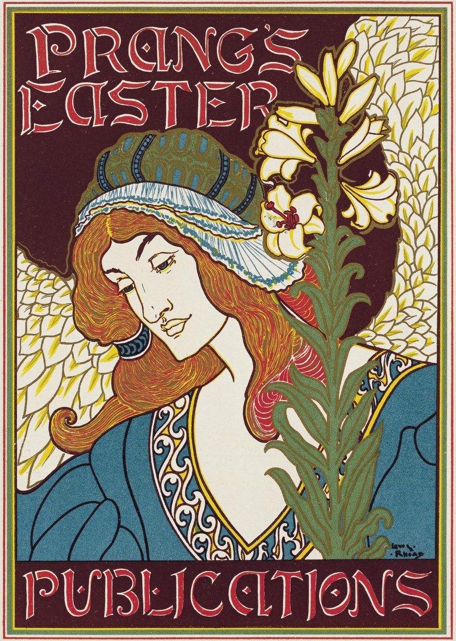 Plakat, der reklamerer for Prangs påskepublikationer, 1896 af Louis John Rhead