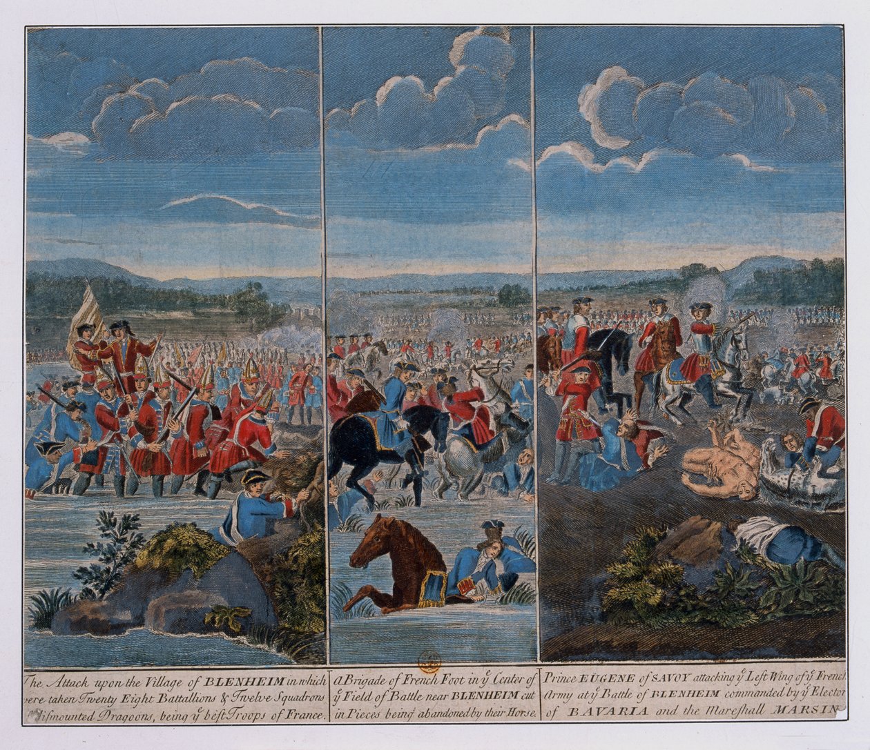 Tre paneler, der forestiller slaget ved Blenheim, ca. 1765 af Louis Laguerre