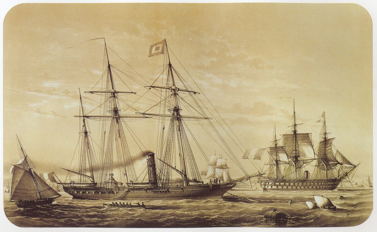 Reine Hortense, kejserlig hustru til Napoleon III. Linjeskibet Austerlitz kan ses i baggrunden af Louis Le Breton