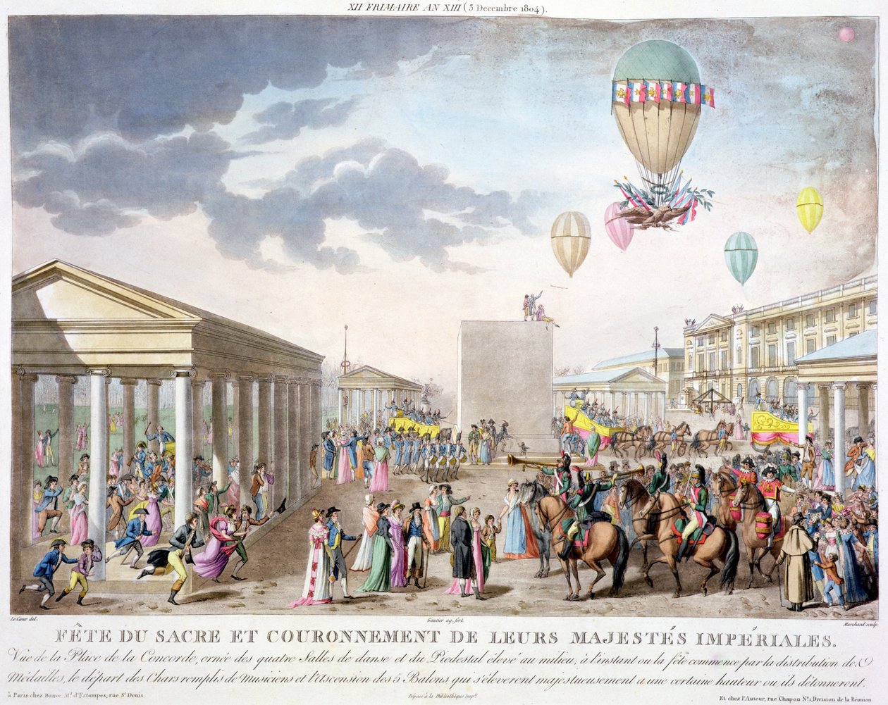 Hellig fest og kroning af deres kejserlige majestæter, udsigt over Place de la Concorde, Paris, graveret af Marchand, udgivet 1806 (håndtegnet stik) af Louis Le Coeur