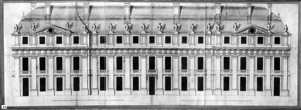 Chateau de Vincennes: Elevation af facaden af en hjørnepavillon, 1658 (pen og blæk og vask på papir) af Louis Le Vau