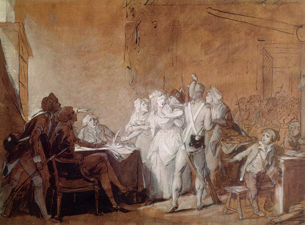 Arresten af Charlotte Corday (pen og blæk og wc på papir) af Louis Leopold Boilly