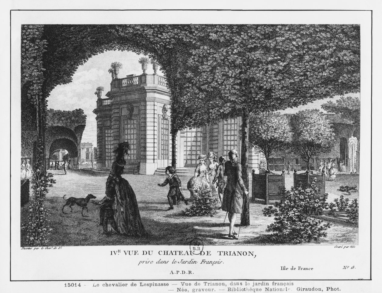 Fjerde billede af Trianon, taget i den franske have, indgraveret af Francois Denis Nee (1732-1817) af Louis Nicolas de Lespinasse